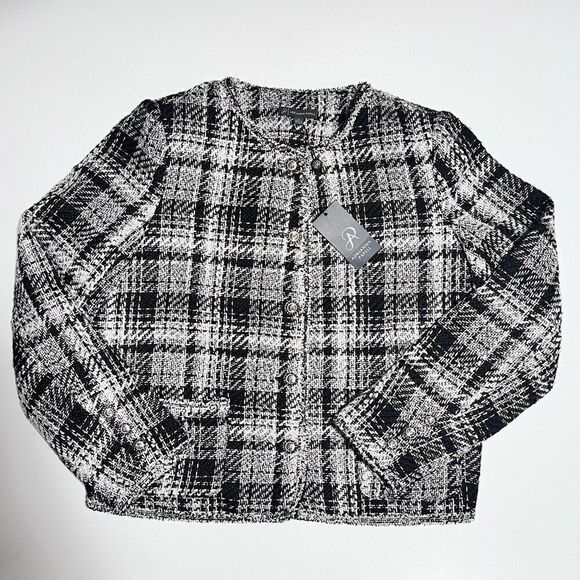 Adrianna Papell Black White Crew Neck Tweed Jacket Cropped Fringe Trim Sz M NWT - Picture 1 of 16